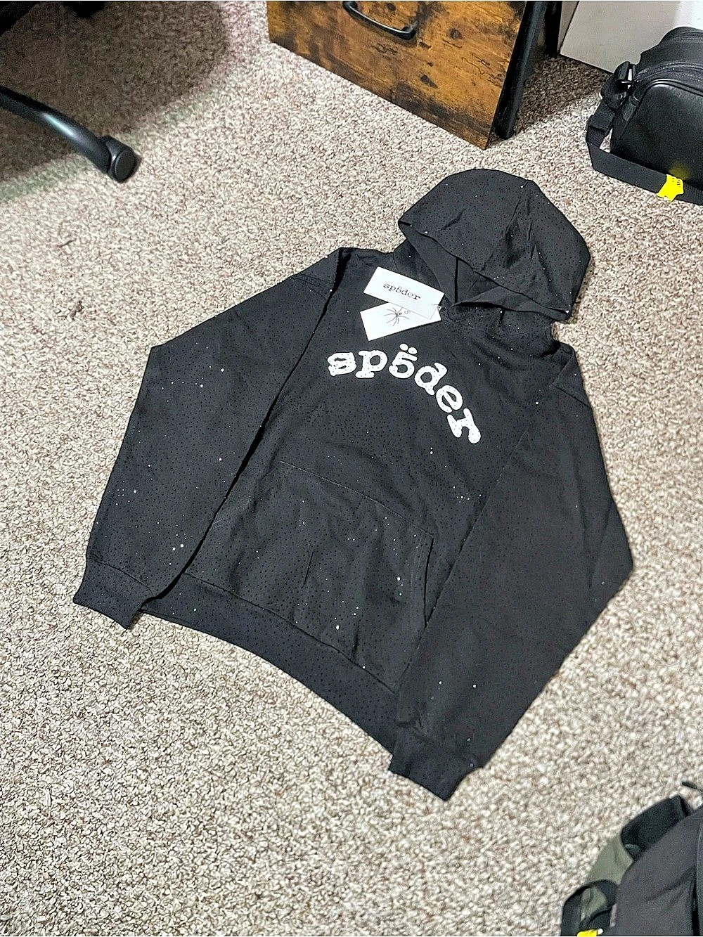 Sp5der Black Rhinestone Hoodie Black Medium